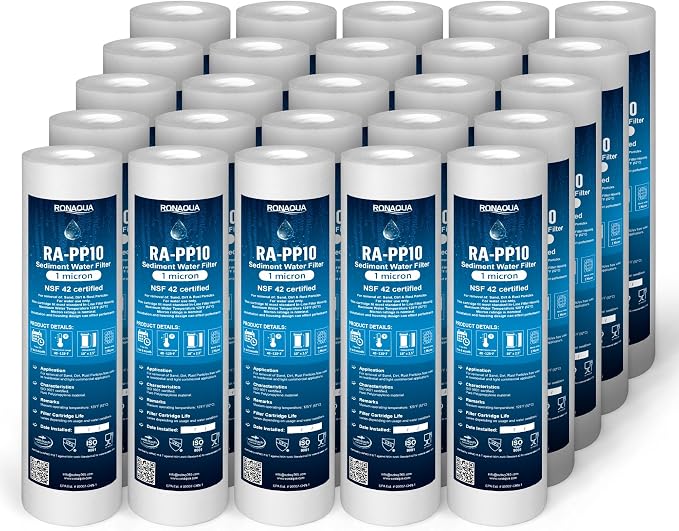 Ronaqua 1 Micron Sediment Water Filter Cartridge 10"x2.5", NSF Certified, 4-Layer Filtration for any 10-inch RO Units & Whole House Systems, Compatible with Culligan P5, AP110, WHKF-GD05, 25 Pack