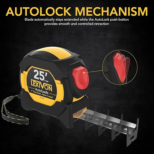 LEXIVON [2-Pack] 25Ft/7.5m AutoLock Tape Measure | 1-Inch Wide Blade with Nylon Coating, Matte Finish White & Yellow Dual Sided Rule Print | Ft/Inch/Fractions/Metric (LX-205X2)