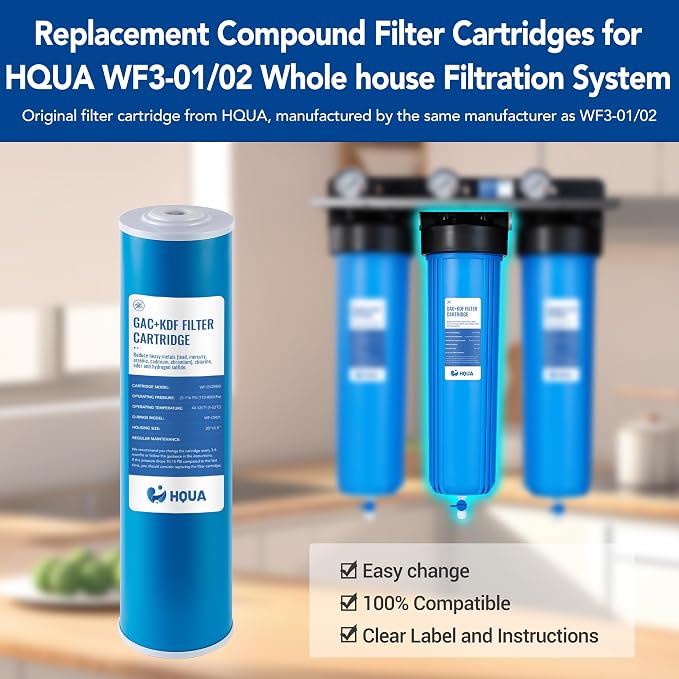 Whole House Compound Replacement Filter Cartridge, WF-GK20BB, Fit for WF3 Series, GAC+KDF, Kinetic Degradation Fluxion, Granular Activated Carbon