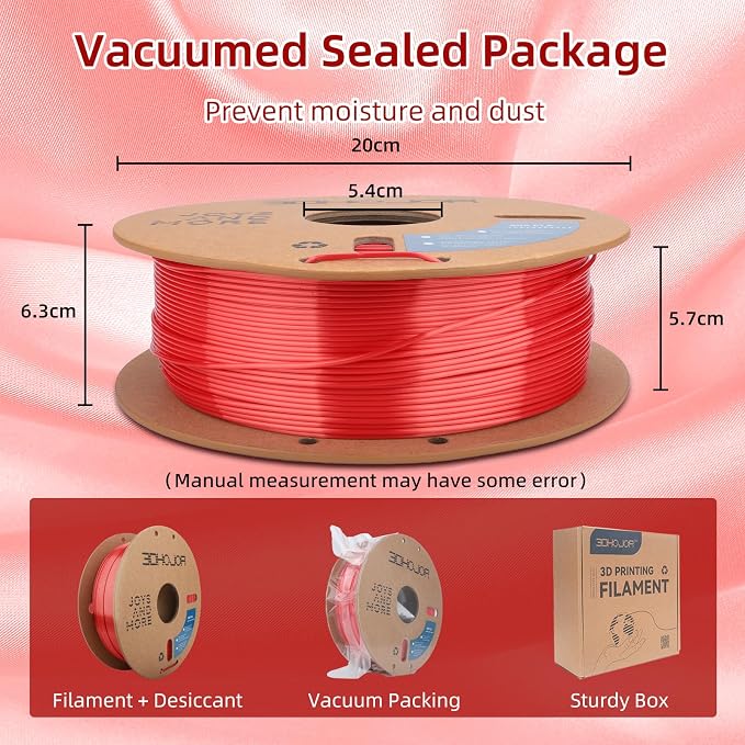 3DHoJor Silk PLA Filament 1.75mm, PLA Filament 1.75mm Silk Shiny 3D Printer Filament, 1kg Cardboard Spool (2.2lbs), Dimensional Accuracy +/- 0.03 mm, Fit Most FDM Printer（Red）