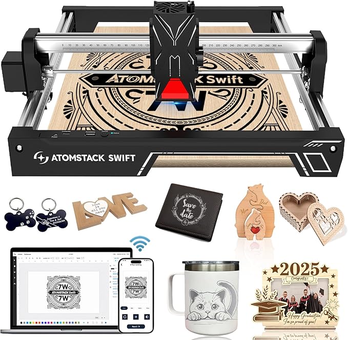 ATOMSTACK Swift Laser Engraver for Beginners, 7000mW Output Laser Cutter, Laser Class 4, 300×300mm Working Area, 0.08mm Accuacy Engraving Machine for Wood, Leather, Coated Metal, Acrylic (Swift 7W)