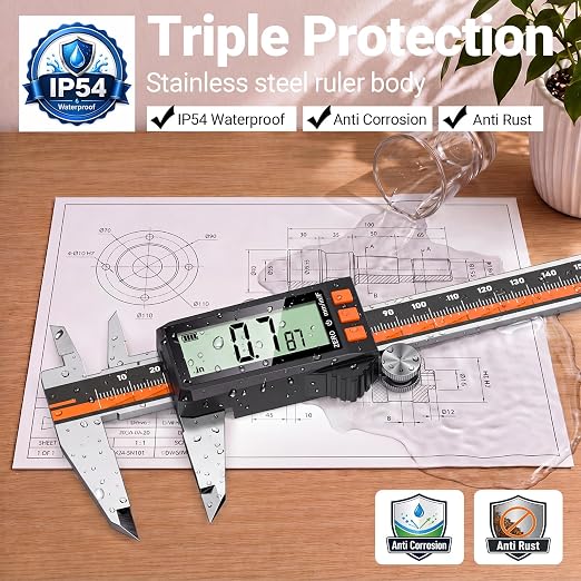 Preciva Digital Caliper 8", Rechargeable Stainless Steel Micrometer | Type-C charging, durable steel body, large LCD with auto-off saves power, in/mm/frac, for 3D-printing machining woodworking