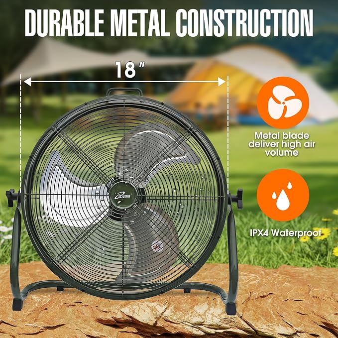 iLiving 18" Rechargeable Battery Operated Camping Floor Fan, High Velocity Portable Outdoor Fan with Metal Blade, With Built-in Lithium Battery for Whole Day Usage, 18 Inches, Military Green