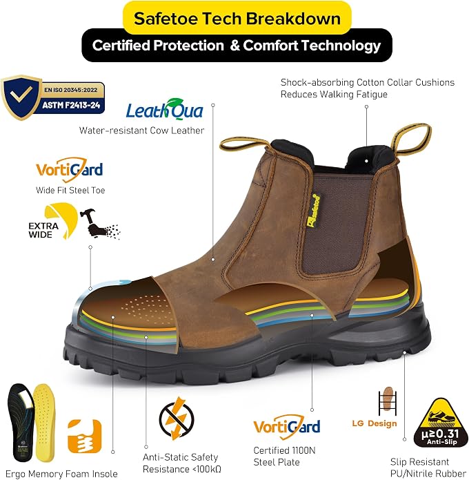 Steel Toe Work Boots for Men Cow Leather Slip on Safety Boot Ladder Grip Design