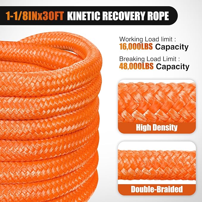 Nilight Kinetic Recovery Tow Rope Kit with 2 Soft Shackle 1-1/8inx30ft Heavy Duty Offroad Tow Rope Snatch Strap Towing Strap kit 48,000LBS for UTV ATV SUV Truck Car Jeep Tractor