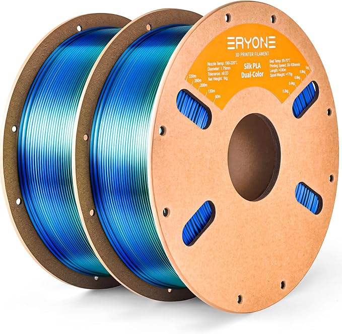 ERYONE Silk Dual Color PLA Filament 3D Printer 1.75mm +/- 0.03mm, Bicolor Filament Two Tone PLA Bundle 2KG Cardboard Spool, Blue Green