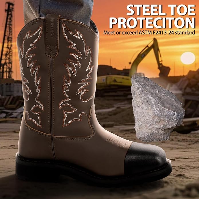 Men's Cowboy Work Boots, Square Steel Toe EVA Mid-Sole with GoodyearWelt Leather Anti Slip Western Men's Brown Boots for Manufacturing, Construction, Farming, Size 7-14