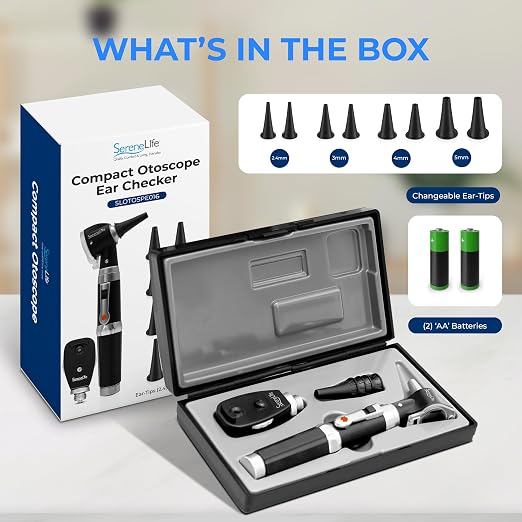 SereneLife 2-in-1 Ophthalmoscope & Otoscope Set | Perfect for Inspecting Ears, Mouth & Nose | Multi-Aperture Diaphragm Wheel & Battery Powered | Includes 4 Reusable Washable Tips | for Family & Pets