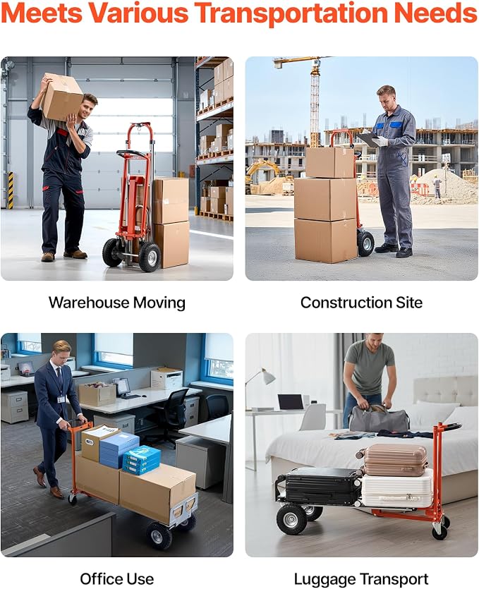 VEVOR 4 in 1 Hand Truck, 1000 lbs Load Capacity for 4-Wheel Mode, Convertible Hand Truck Dolly with Non-Slip Handle & Wheels, Aluminum Alloy Portable Trolley Dolly for Moving Home, Office, Warehouse