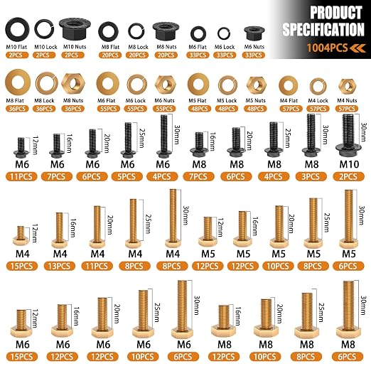 mankk 1004PCS Metric Bolt Assortment Kit and Flange Bolts and Nuts Assortment Kit M4 M5 M6 M8 (12mm to 30mm) with Matching Nuts and Lock Washers