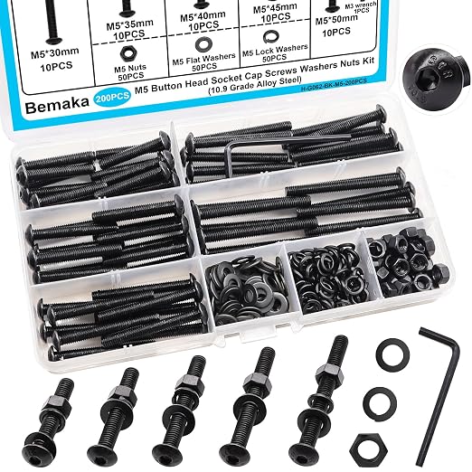 200PCS Black M5 Button Head Hex Socket Cap Screws, M5 x 30/35/40/45/50mm Metric Screws Bolts Nuts Washers Assortment Kit, 10.9 Grade Alloy Steel