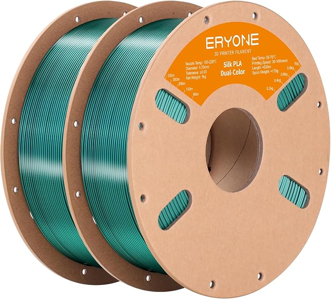 ERYONE Silk Dual Color PLA Filament 3D Printer 1.75mm +/- 0.03mm, Bicolor Filament Two Tone PLA Bundle 2KG Cardboard Spool, Black Green