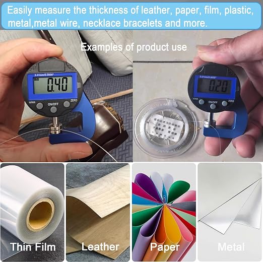 Digital Thickness Gauge Thickness Measuring Indicator Thickness Gauge | Measuring Range 0-10mm0.0005''/0.01 mm with LCD Display, for Leather, Paper, Sheet Metal and More (PT)