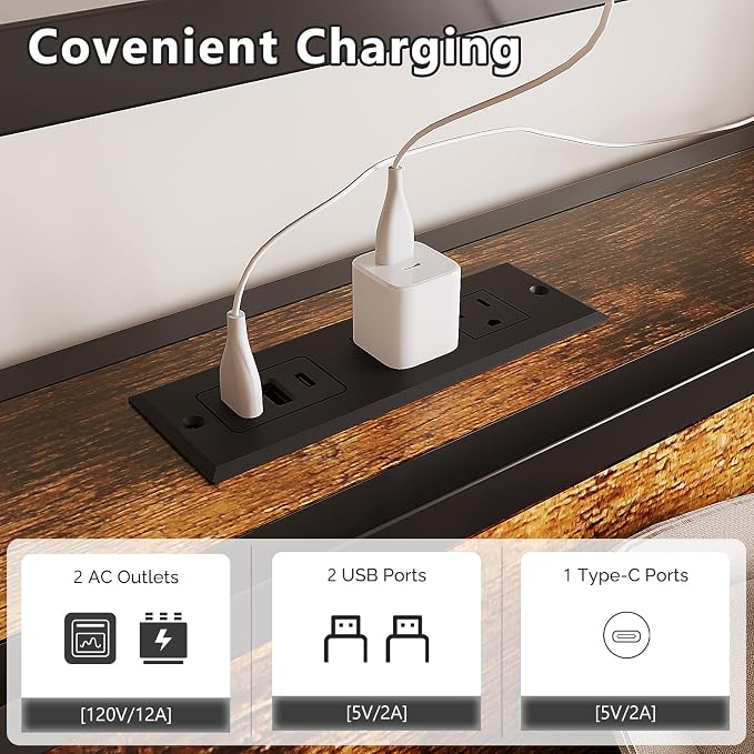 VINGLI Full Platform with 4 Storage Drawers and Headboard, Metal Double Bed with Charging Station and LED Lights, No Box Spring Needed, Noise Free, Easy Assembly, Vintage Brown