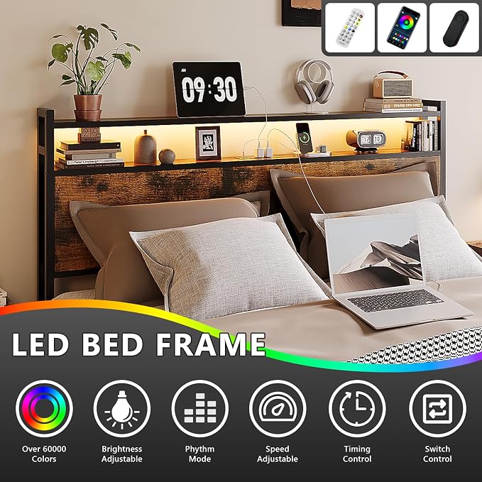 VINGLI King Bed Frame with 4 Storage Drawers and Adjustable Headboard Shelf, Metal Platform Captain Bed with Charging Station and RGB LED Lights, No Box Spring Needed, Noise Free, Wash Vintage Brown
