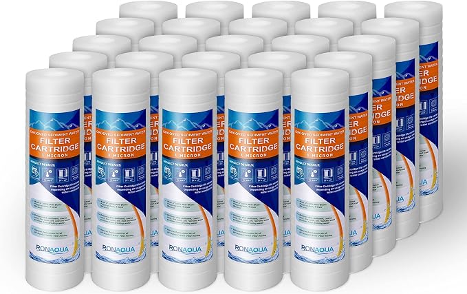 Grooved Sediment Water Filter Cartridge by Ronaqua 10"x 2.5", Four Layers of Filtration, Removes Sand, Dirt, Silt, Rust, made from Polypropylene (25 Pack, 1 Micron)