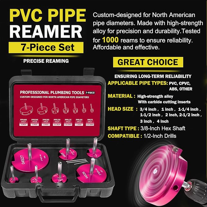 Premium 7Pcs PVC Pipe Reamer Kit For 1/2" Drills- Includes 3/4", 1", 1-1/4", 1-1/2", 2", 3", 4" Compatible with Standard 1/2" Drills,For SCH40 PVC, ABS PVC Pipe,CPVC Perfect for Plumbing Repairs