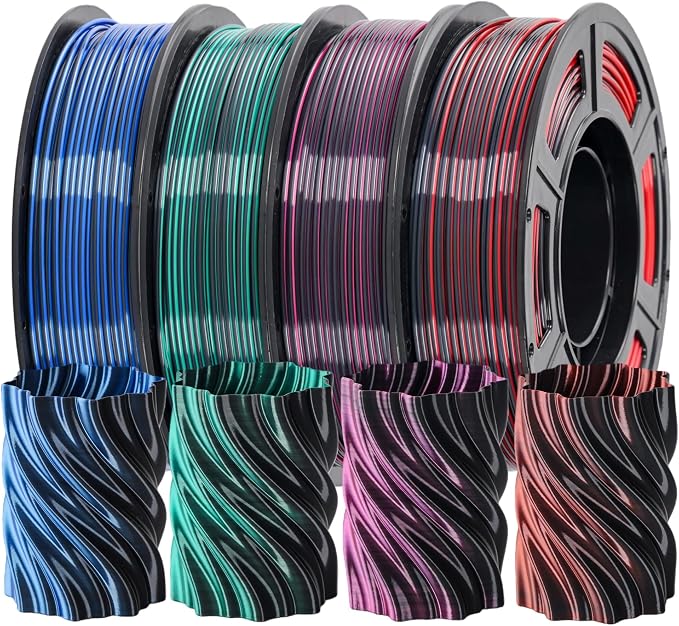 Silk PLA 3D Printer Filament Bundle, 1.75mm Shiny Dual Color Filament Bulk, Dimensional Accuracy +/- 0.02mm, Individually Vacuum Packed, Bicolor PLA Filament Pack, 4 Spools 250g Each