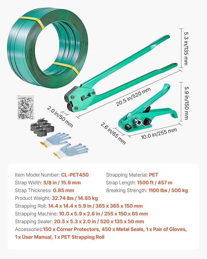 VEVOR Banding Strapping Kit, Heavy Duty Banding Sealer Tool with 1500 ft PET Band, 450 Metal Seals, 150 Corner Protectors & Gloves, Plastic Pallet Packaging Strapping Kit for Warehouse/Shipping/Moving