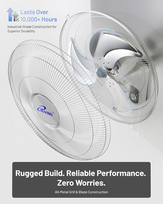 iLiving Glow Oscillating Wall Mount Fan with Adjustable Tilt, 18-inch, 3 Speed, Metal Grille and Blade, 90 Degree Oscillation, Airflow 1650CFM, Ideal for Home, Bedroom, Gym & Office, Greenhouse