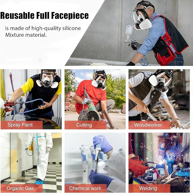 Reusable Full Face Respirator Mask for Chemicals,Spray Painting,Sanding,Epoxy Resin,Industrial,Paint,Grinding work.