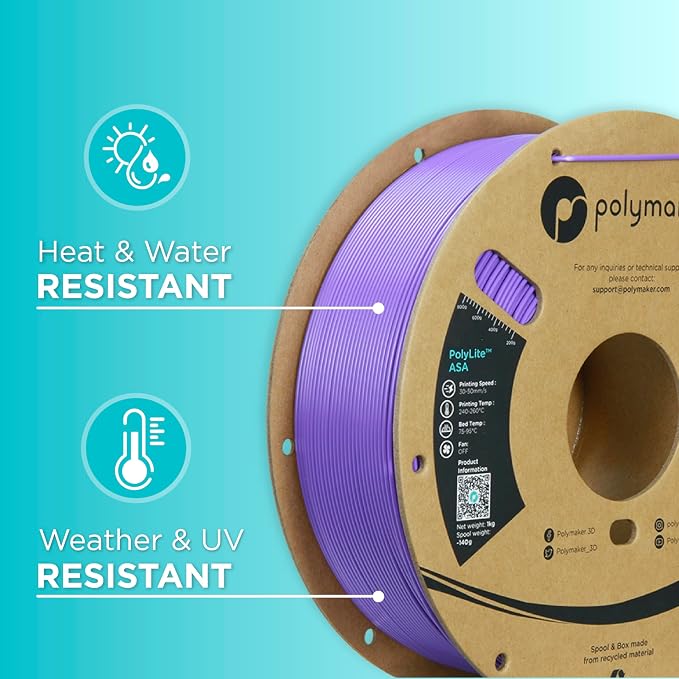 Polymaker ASA Filament 1.75mm Purple, 1kg ASA 3D Printing Filament, Heat & Weather Resistant - ASA 3D Printer Filament Perfect for Printing Outdoor Functional Parts
