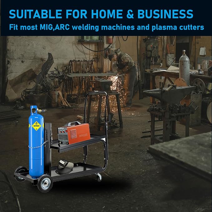 Welding Cart, MIG TIG ARC Welder Cart w/Upgraded Handle, Galvanized Casters， 330lbs Capacity Portable Welding Tank cart, Plasma Cutting Machine, Larger Running Gear with Cylinder Rack