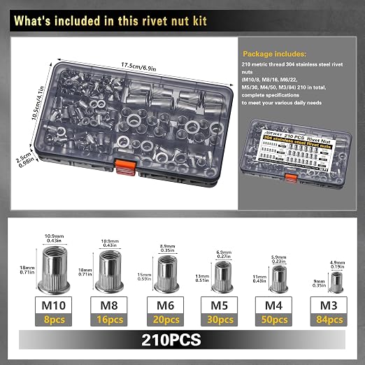 ASKWAY Stainless Steel Rivet Nut Kit 210Pcs 304 Stainless Steel Pressure Rivet Nut Combination, Suitable for Furniture, Decoration, Automobile, Marine and Industrial Applications
