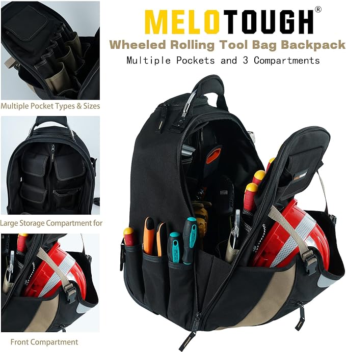 MELOTOUGH Wheeled Rolling Tool Backpack – Heavy-Duty Tool Bag with Wheels, 26-Pocket Organizer for Electricians, Carpenters, HVAC & Welders (Khaki)