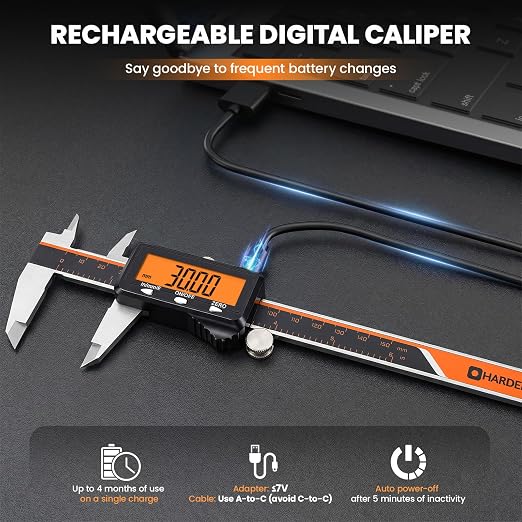 HARDELL Digital Caliper, 6" Rechargeable Caliper Measuring Tool with Large Orange Screen (Non-Backlit), Stainless Steel Digital Micrometer with Auto-Off, Inch/MM/Fraction for DIY/Household/3D-Printing