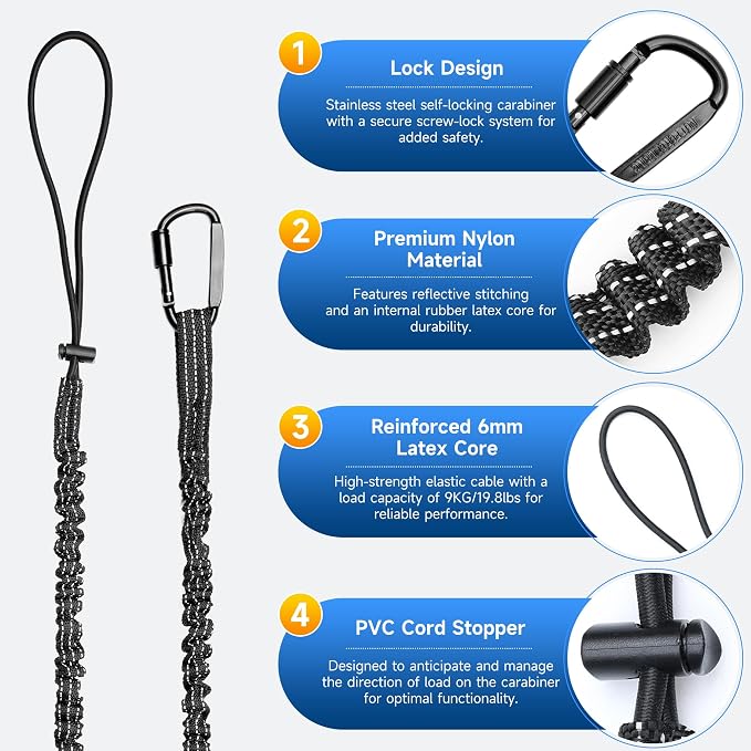 Safety Lanyard Tool - Fall Protection Tether with Aluminum Screw Lock Buckle, Shock Cord Stopper and Retractable Loop 12 Pack Black