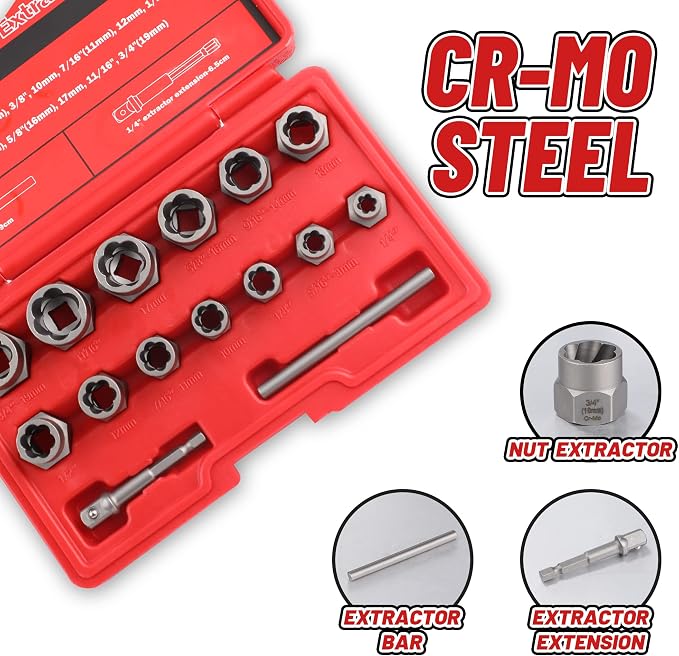 15-Pcs Bolt Extractor Set, 3/8'' Drive Easy Out Bolt Extractor Set, Stripped Bolt Remover Nut Extractor Set for Damaged, Frozen, Rusted Sockets, Rounded-Off Bolts, Nuts & Screws