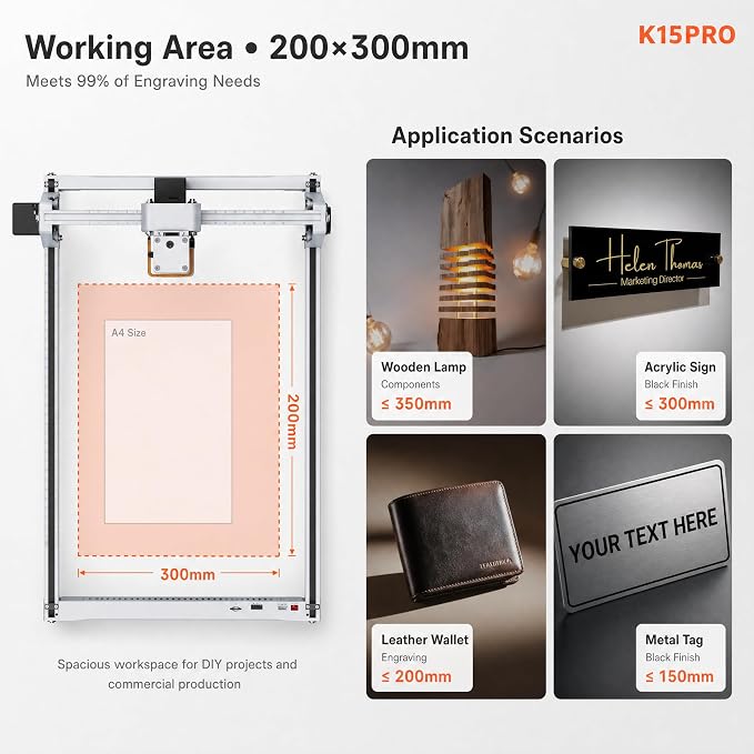 K15 Pro Laser Engraver 10W-Laser Engraving Machine for Coated Metal Wood Acrylic Glass Stone, 7.9"x11.8" (Near A4) Work Area Offline Engraving CNC DIY Lazer Cutter for Home & Crafting