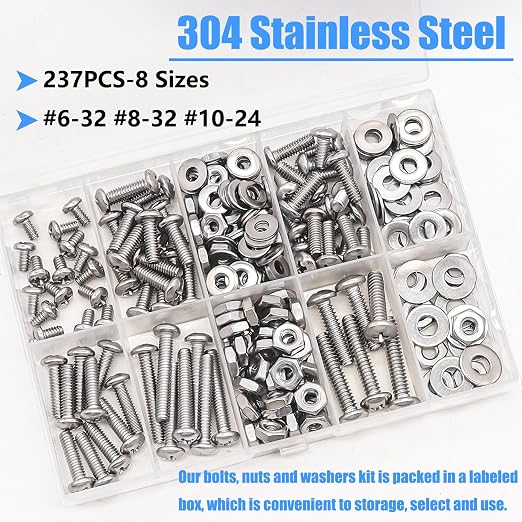 Nuts and Bolts Assortment Kit, 304 Stainless Steel Bolts 8 Sizes #6-32#8-32#10-24 Phillips Pan Head Machine Screws, Assorted Bolts, Nuts and Washers Kit (237PCS)