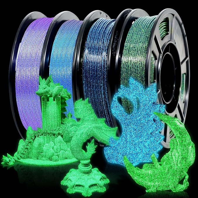 RepRapper Glitter Multicolor Mixed 250g*4 Sample Pack, Shiny Galaxy PLA Filament 1.75mm, Glow in the Dark Green 3D Printer Filament, Sparkle Laser Series 3D Printing Filament for 3D Printer