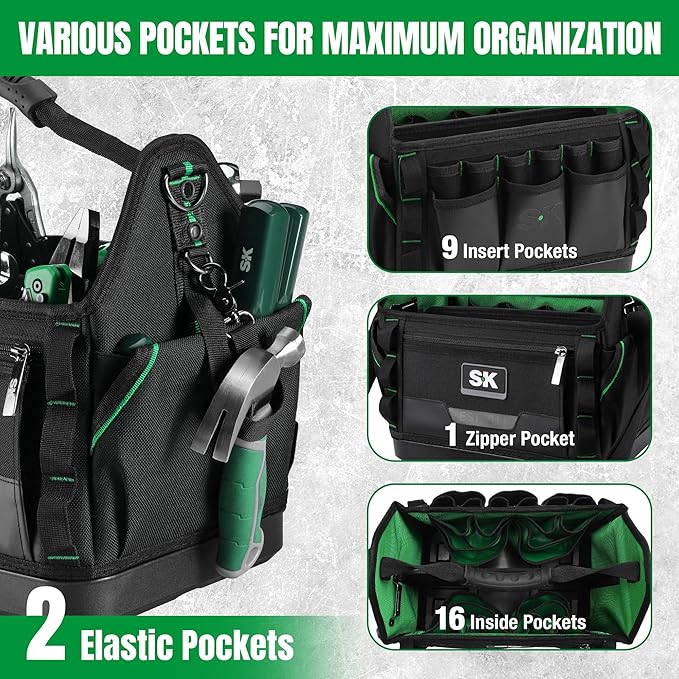 SK 15-Inch Open Top Tool Bag, 1680D Fabric Tool Tote with Waterproof Hard Base, Padded Shoulder Strap & Sturdy Handle, Heavy Duty Stackable Bag Organizer with 28 Pockets, 12 Webbing Loops