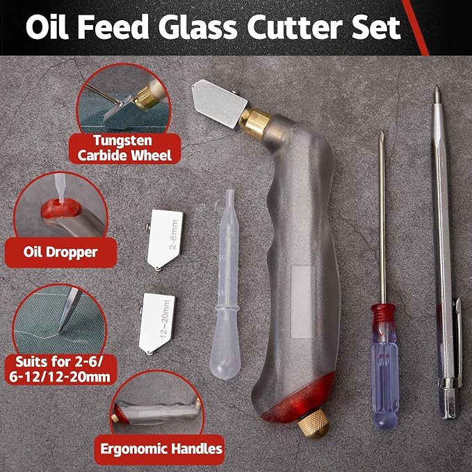 Glass Cutting Kit,8"Tile Nippers,8"Glass Running Pliers with Curved Jaws,6"Breaker Grozer Pliers,Glass Cutters Tools for 2-20MM Glass,Mosaic,Mirror