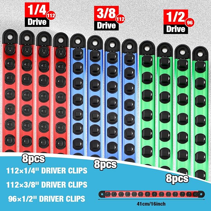 Ceenna 24 Piece Magnetic Socket Organizer Set, Heavy Duty Socket Holder, Sockets Rack Kit with 1/4-inch x 14 Clips, 3/8-inch x 14 Clips, 1/2-inch x 12 Clip, Gift for Men, Red, Blue and Green
