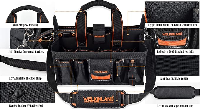 WELKINLAND 19-POCKETS Tool tote, HVAC tool bags organizer, Heavy-Duty electrician tools bag, Tool tote bag w/socket organizer tool boxes, Stay-Up maintenance tools bags