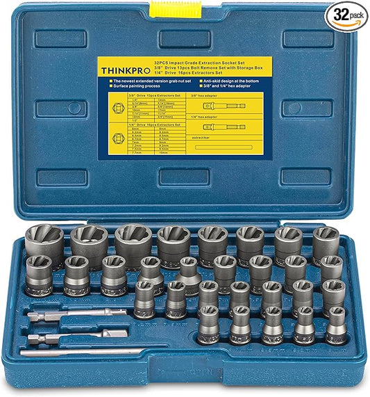 Bolt Extractor Kit, 32PCS Rounded Bolt Remover, Extractor Socket Set for Removing Damaged, Frozen, Rusted, Rounded-Off Bolts, Nuts & Screws