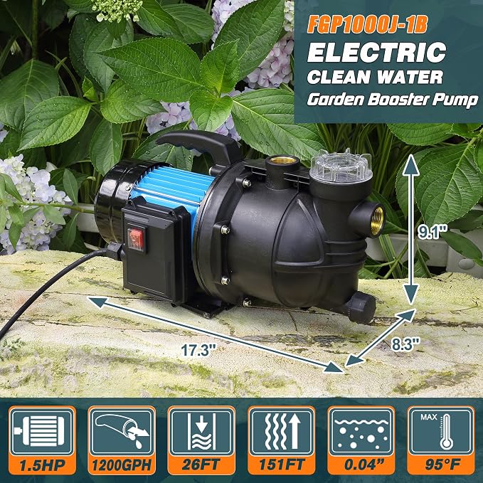 FLUENTPOWER 1.5HP Portable Garden Booster Pump with Prefilter, 1200GPH, Lift 151FT, Shallow Well Jet Pump, Water Transfer Draining Pump for Home Garden Lawn Sprinkler Irrigation