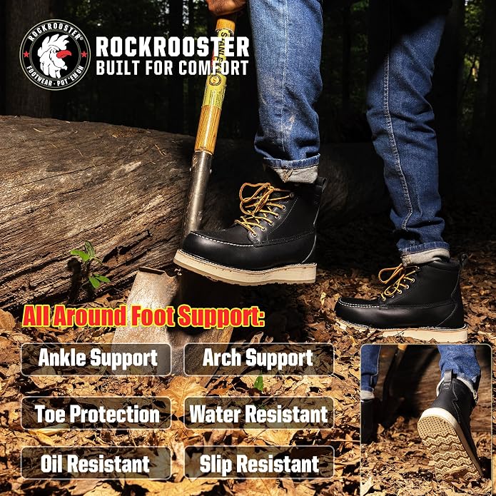 ROCKROOSTER Trinidad 6" Black Steel Toe Wedge Work Boots for Men, Durable Leather Welted Moc Toe Heritage Men's Safety Boots SAP2301 VAP2301