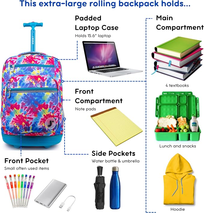 J World Sundance Laptop Rolling Backpack for Girls Boys. Roller Bookbag with Wheels, 20 Inch, Tie Dye