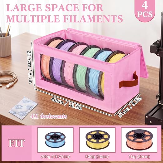 4 Pack Filament Storage Box 3D Printer Filament Storage Containers with Desiccants Holds up to 24 Rolls Transparent View Moisture Proof 3D Printing Container Supplies for Home Office Workshop