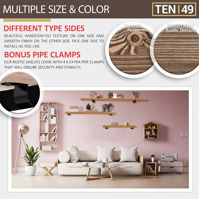 TEN49 Industrial Pipe Wood Wall Shelf - 36" Espresso Real Wooden Shelving - Modern Interior Decor Floating Shelves w/Iron Pipe Brackets - Rustic Farmhouse Style Bookshelf - Set of 2