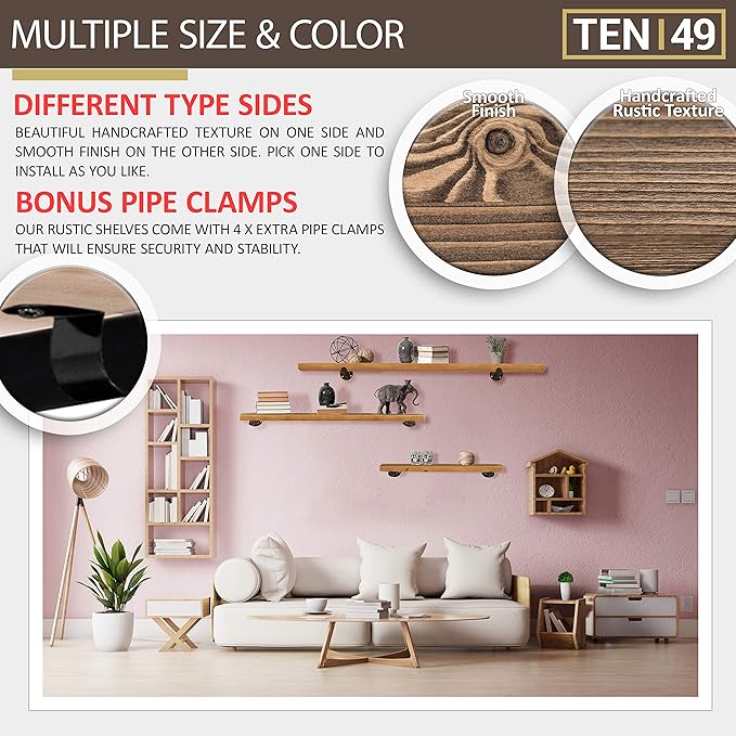 TEN49 Real Wood Rustic Floating Shelves Wall - 24 Wide Small Wooden Industrial Pipe Shelving - Farmhouse Pipe Wall Shelves Furniture Bathroom Decor Art Shelf Kitchen - Dark Espresso Color - Set of 2