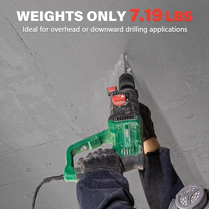 1" SDS-Plus Lightweight Rotary Hammer Drill for Concrete/Masonry | 9 Amp Corded Electric 7.2 Lbs 4 Functions & Reverse Variable Speed Safety Clutch Rotomartillo w/ 3 Drill Bits 2 Chisels Case