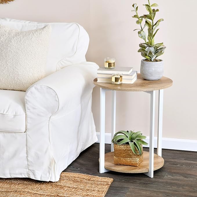 Household Essentials Jamestown Round Side End Table with Storage Shelf Coastal Oak Rustic Wood Grain and White Metal