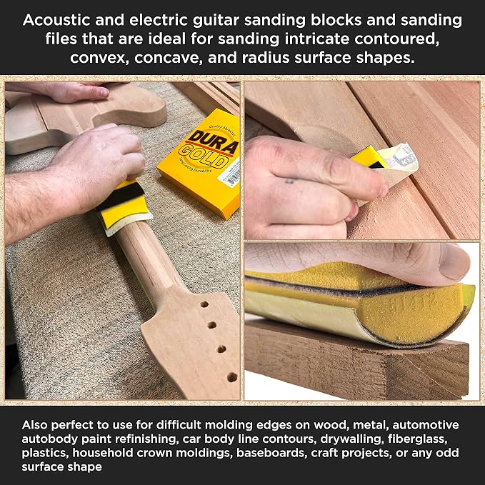 Dura-Gold Luthier Acoustic Guitar Master Woodworker Hand Sanding Block Set with 40 Sheet Hook & Loop Sandpaper Kit - Music Radius Repair Tools, Convex & Concave Profile Shapes, File Sticks - Sand Wood