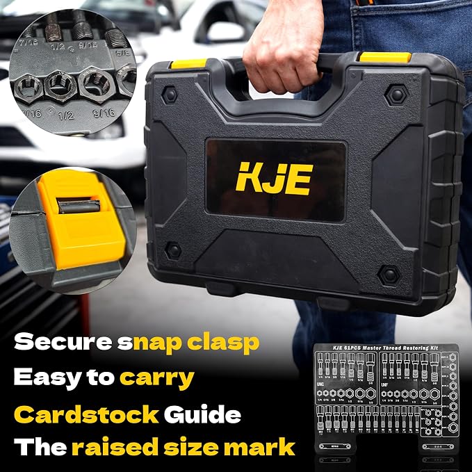 KJE 61Pcs Thread Restorer Kit, Rethreading Kit, UNC, UNF & Metric Thread Chaser Set with Taps, Dies, Thread Files & Pitch Gauges for Repair Damaged Threads Bolts, Nuts and Screws